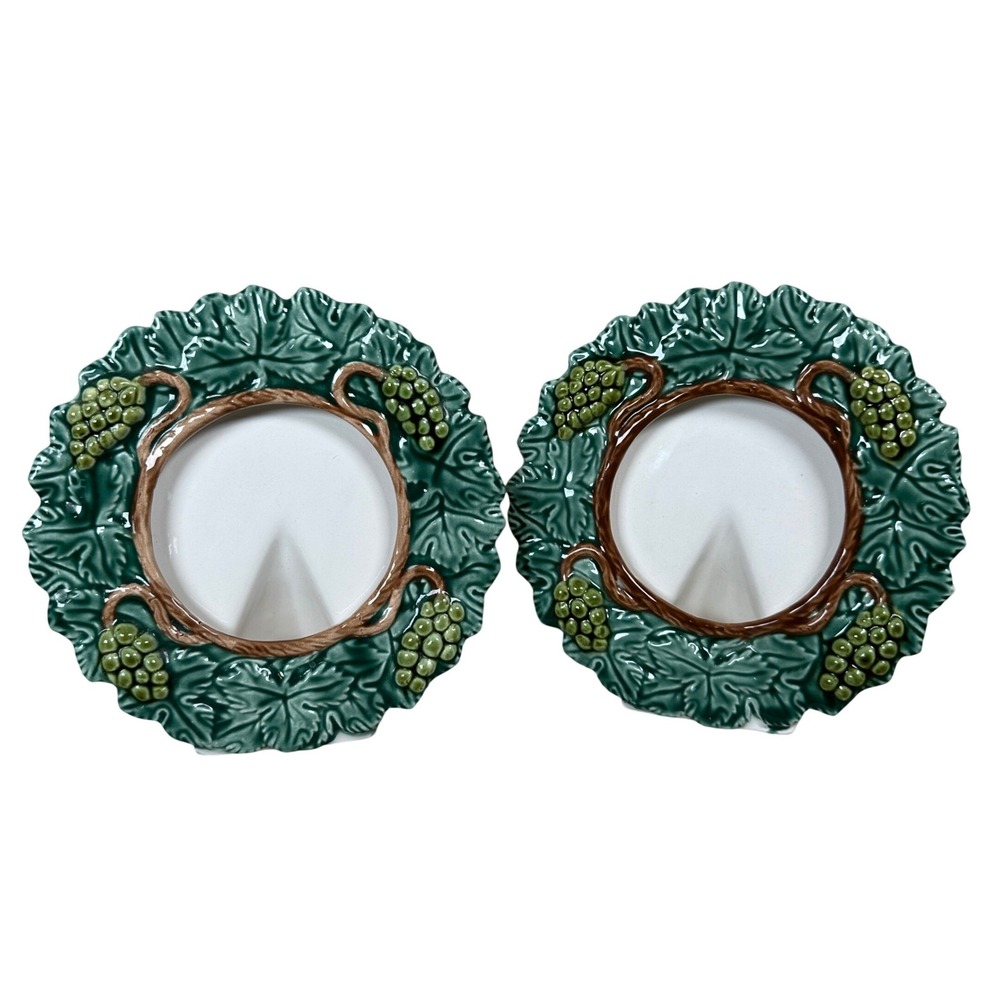Seymour Mann Majolica Hand Painted Grapevine Ceramic Photo Frames Set of 2 Round